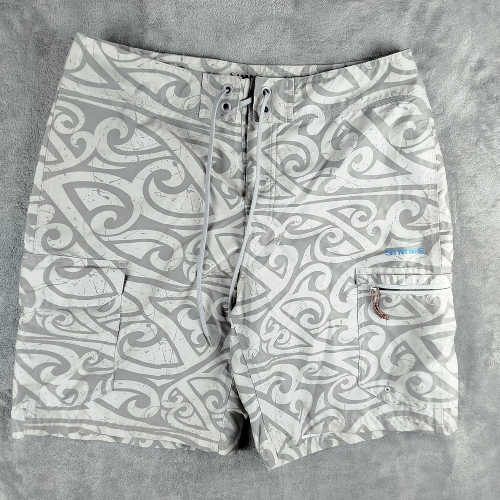 Simms Fishing Solarflex Cargo Tribal Gray Board Shorts Mens Small‎ Geometric